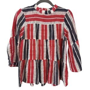 Warm Red, White & Blue Cotton Linen Tiered Blouse Size S/M